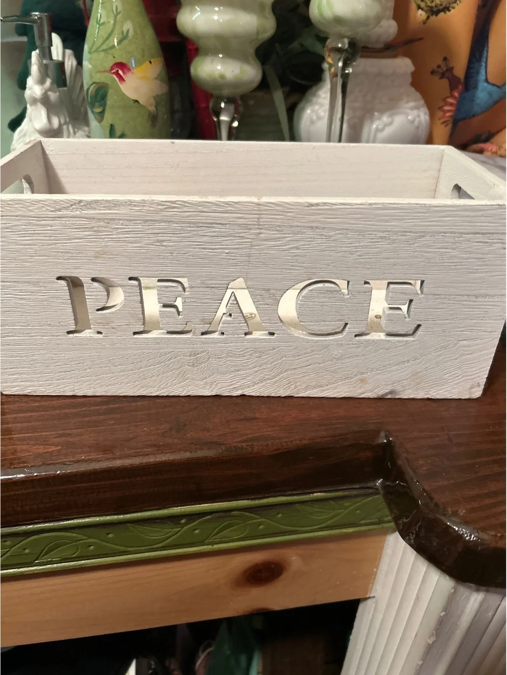 White Wooden Storage Box with 'PEACE' Cutout Design